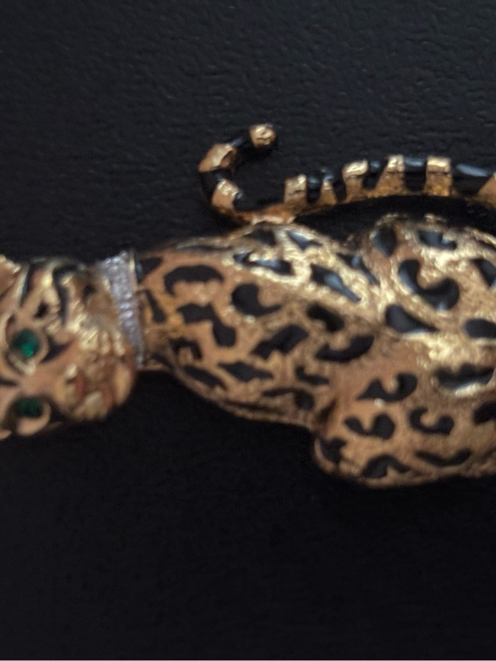 Gold-Tone Leopard Motif Brooch with Black Spots and Green Eyes